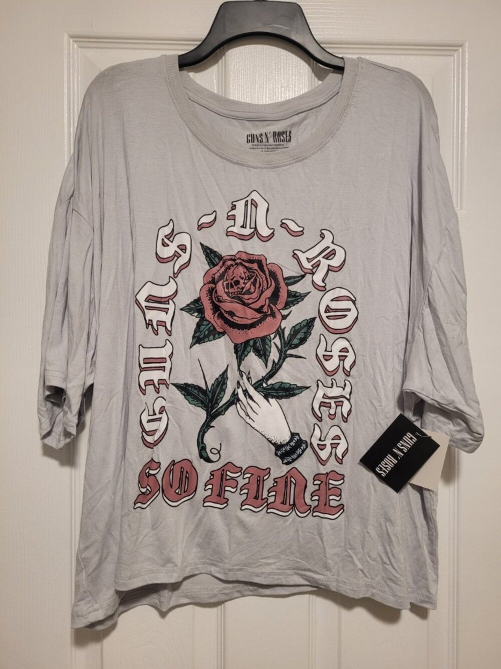 NWT Guns N' Roses Rose & Hand Graphic Gray T-Shirt, Womens XL Relaxed Fit